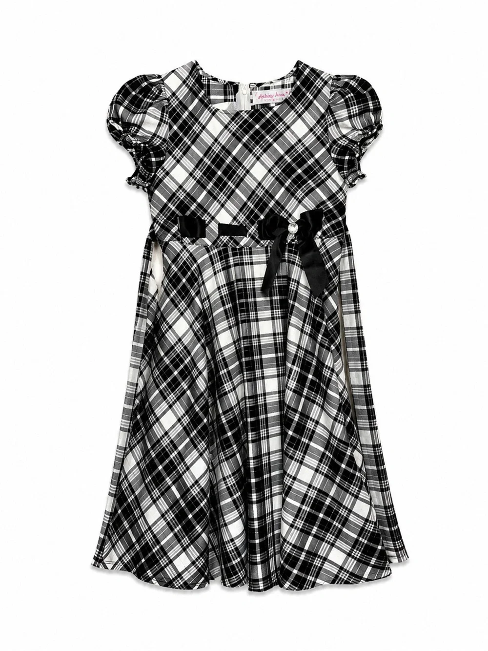 Ashley Ann Black White Plaid Dress Puff Sleeve Bow Rhinestone Fit Flare